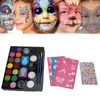 16 farben Körper Gesicht Tattoo Farbe DIY Kosmetische Werkzeug Kit Malerei Pigment Pinsel Glitter Pulver Vorlage Kinder Weihnachten Party 240108