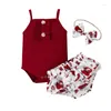 Kläder sätter 0-24 månader spädbarn baby flickor sommarkläder härlig sling bodysuit toppar blommig ruffle tutu shorts bow hår 3pcs flicka