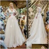 A-Linie Brautkleider im Landhausstil, Boho-Hochzeitskleid mit langen Ärmeln, Y-V-Ausschnitt, Spitze, böhmische Strandbraut 2024, Applikationen, Tle Chic Cr Otb1P