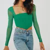 Camisetas para mujer 2024 Moda elegante sexy cuello cuadrado crop top mujeres manga larga malla corte bajo delgado irregular camiseta para fiesta club