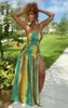 カジュアルドレス2024夏のノースリーブホローアウトドレス女性セクシーなホリデースタイル長いプリントオープンフォークフロアの長さ