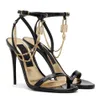 Eleganti donne di marca Keira Sandali Scarpe in pelle verniciata oro nero con catena impreziosita da lucchetto con chiave Tacchi alti Lady Party Abito da sposa Lady Walking EU35-43