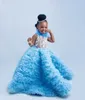 Feahter 2024 Girl konkurs sukienka kwiat dziewczyny sukienki na ślub lekkie niebo błękitne dzieciaków przyjęcie urodzinowe suknie na sesję zdjęciową