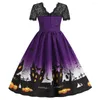 Vestidos casuais halloween mulheres retro laço moda emenda saia longa em torno do pescoço mangas curtas sexy impresso grande balanço vestido elegante