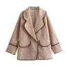 Zach Ailsa 2023 Winter Women's Fashion Loose Contrast Line Panel Pocket Decoration Lamb Wool Warm Coat 240109