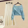 Vintage Autumn Winter Knit Two Piece Set Women Sweater Top Fishtail kjolar Set Fashion Casual Knited 2 Piece Suits 240109