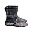 2024 Frühjahr Neue Coole Stiefel Runde Kopf Mesh Ballett Flachen Boden High Top Schuhe Frauen Voller Diamant Kurze