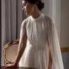 Simple White Chiffon A Line Wedding Dresses Cape Crystals Beaded Jewel Neck Elegant Arabic Dubai Long Bridal Gowns 2024 Bride Reception Dress Court Train