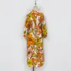 1.9 Holiday Flax Floral Print Stand Collar Lantern Sleeve With Belt Temperament Vacation Split Midi Dress Women