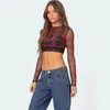 Women's T -skjortor Apprabant Mesh Plaid Patchwork Top Round Neck Long Sleeve Sexig perspektiv Fashion Simple Cortile Short Open Navel