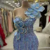 2024 ASO EBI Sky Blue Mermaid Prom Dress Crystals Pärlor Pärlor Sexig kväll Formell Party Second Reception födelsedagsengagemang klänningar klänningar mantel de soiree