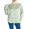 Vêtements ethniques Femmes Eid Musulman Tops Bouton Bouton Bouton pleine longueur Col rabattu Kaftan Arabe Maroc Satin Blouses Solid Casual