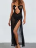 Casual Dresses Chronstyle Mesh Sheer See Through Long Dress for Women Sexig ärmlös rem Ruffle Deep V-Neck High Split Beach Cover Ups