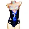 Scene Wear Shining Blue paljett Multicolor Rhinestones Kvinnor Sexig bodysuits Party Show Performance Nightclub Singer Costumes