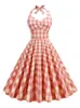 Casual Dresses 2024 Retro Pink Textured Plaid Evening Party Sexy Long Summer Women Halter Backless High Waist Vintage Swing Dress