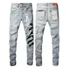 Lila män magra jeans rippade hål motorcykel cyklist patch splice mode hip hop berömda tryck denim byxor 8psv