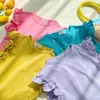 Conjuntos de roupas para meninas verão camiseta de manga curta com shorts de cintura de botão de flor conjunto de duas peças terno de cor doce