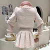 High Quality Korean Style Tweed Suit Women Fall Tassel Jacket Short Coat Waist Mini Pleated Skirt Two Piece Set Female 240109