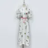 1.9 Holiday Flax Floral Brodery Puff Sleeve With Belt Single Breasted Split Shirt Dress Women