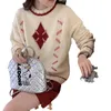 Herbst/Winter lockerer und vielseitiger weicher PulloverRundhalsausschnitt farblich passender Diamantkaro-Pullover für Damen 240104