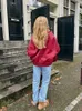 Moda rossa donna cuciture giacche in pelle pu chic bavero manica lunga cappotti con cerniera 2023 autunno femminile tasche giacca da strada 240108