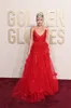 2024 Golden Globes Florence Pugh Celebrity Evening Dresses Charming Red Tulle 3D Flowers Prom Party Gowns Floor Length A Line Sexy V Neck Runway Formal Wear CL3182