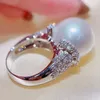 Cluster Rings Trendy White Big Pearl Cubic Zirconia For Women Gorgeous Engagement Wedding Bands Sterling Silver Accessories smycken