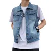 Gilets pour hommes trous déchirés gilet en jean veste sans manches avec poches simple boutonnage lavé pour décontracté