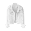 Denim Jacket Solid Single Breasted Cropped Thermal Beaded Long Sleeve Cardigan Faux Pearl Fall Coat 240109