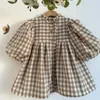 Mädchen Kleider 2024 Frühling Sommer Kinder Retro Strickjacke Plaid Puff Ärmeln Casual Kleid Kind Baby Baumwolle Party Prinzessin