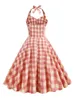 Casual Dresses 2024 Retro Pink Textured Plaid Evening Party Sexy Long Summer Women Halter Backless High Waist Vintage Swing Dress