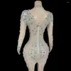 Stage Wear Nude Shining Crystal Rhinestones Long Sleeves Sexy Dress For Women Evening Party Clothing Singer Costumes Birthday