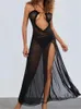 Casual Dresses Chronstyle Mesh Sheer See Through Long Dress for Women Sexig ärmlös rem Ruffle Deep V-Neck High Split Beach Cover Ups