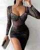 Casual Dresses 2024 Autumn Winter Women's Rhinestone Stitching Sheer Mesh Long Sleeve Dress