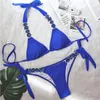 Bleu Sexy Bikinis maillot de bain avec strass couleur unie maillots de bain femme Push Up Bikini plage maillot de bain femmes baigneur 240109