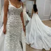Romantic Spaghetti Straps Mermaid Wedding Dresses Detachable Train Lace 3D Flowers Bridal Gowns Sleeveless Backless Sweep Train Vestido De Novia