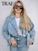 TRAF Woman Denim Jacket With Belt Cropped Jean Jacket For Women Frayed Streetwear Women's Spring Jackets Long Sleeve Crop Top 240109