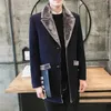 Fur Collar Trench Coat Men Wool Blend Winter Coat Slim Fit Men Manteau Homme Mid-Long Black Grey Mens Trench Coat Blue S~5XL 240109