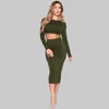 Work Dresses SKMY Women Clothing Bandage Lace-Up Backless Long Sleeve Crop Top Bodycon Midi Skirts Two Piece Set Outfits Solid Color