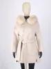 Furyoume Cashmere Wool Coat Real Fox Fur Collar Jacket Winter Long Fashion Loose Outerwear Casaco för kvinnor med bälte 240108