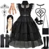 Onsdag Addams Costume Girl Kids Black Dress 240109