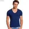 Men's T-Shirts Solid V Neck T Shirt for Men Low Cut Stretch Vee Top Tees Slim Fit Short Sleeve Fashion Male Tshirt Invisible Undershirt SummerL240110