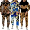 Herrspårsräder lyxiga Golden Floral Print Men's 2 -stycken outfit retro barock mönster hoodie/byxor/set hip hop streetwear män/kvinnor jogging kostym t240110