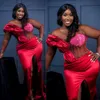 Aso Ebi Prom Dresses Red Sheer Neck Beaded Elastic Satin High Split Evening Dresses Elegant for African Arabic Nigeria Black Women Second Reception Dress AM367