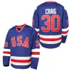 Mens 1980 USA MIRACLE ON ICE HOCKEY JERSEY # 17 Jack Ocallahan # 21 Mike Eruzione # 30 Jim Craig Hockey Jerseys S-xxxl en stock blanc bleu