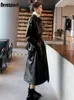 nerazzurri春、女性用長袖のゆるい韓国のファッション服240109のための黒い特大の長い防水革のトレンチコート