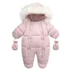 Vinter baby rompers tjock varm spädbarn huva inuti fleece jumpsuit född pojke flicka overalls småbarn kläder set 240109