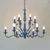 Lustres de luxo rústico ferro forjado candelabro e14 vela azul vintage antigo casa pendurado luz para sala de estar lâmpadas pretas europeias