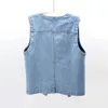 Mode vneck denim vest vår sommar kort ärmlös jacka casual chaleco singelbröstad överdimensionerad jean waistcoat 240109