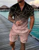 Летний мужской спортивный костюм с ярким узором и принтом, повседневная рубашка поло с воротником на молнии и шорты, комплекты из 2 предметов, модная мужская одежда 240110